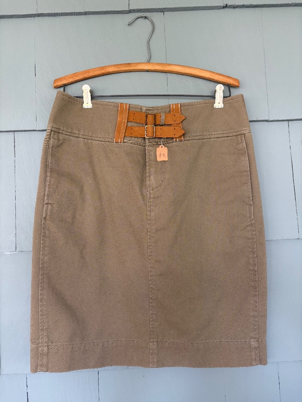 NWOT Vintage Ralph Lauren Sport Khaki Cotton Pencil Skirt w/ Leather Buckle, 10